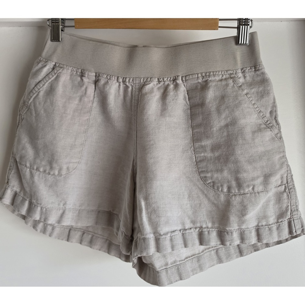 Allen Women M Bermuda Linen Shorts Beige Solid Casual Minimalist